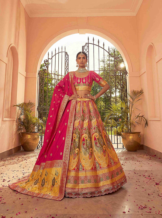 Premium Hot Pink Banarasi Silk Fabric Lehenga 1275 - Shopping World