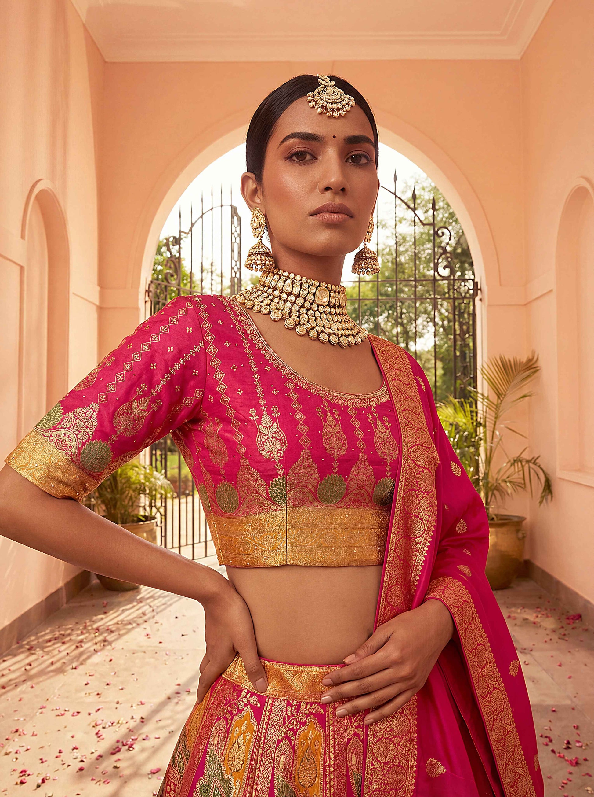 Premium Hot Pink Banarasi Silk Fabric Lehenga 1275 - Shopping World