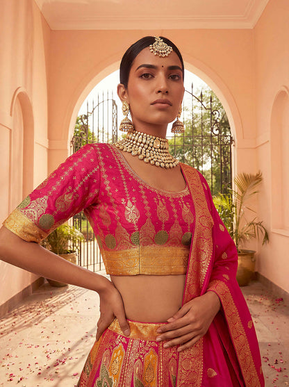 Premium Hot Pink Banarasi Silk Fabric Lehenga 1275 - Shopping World