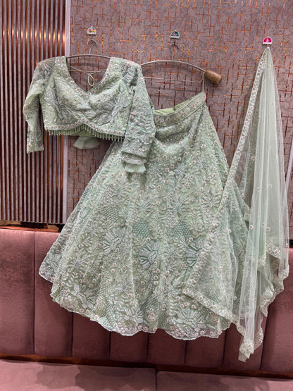 Green on Green Monotone Crop Top Lehenga - Shopping World