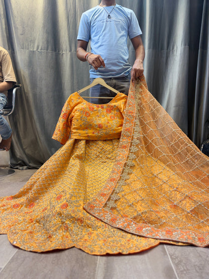 Designer yellow haldi mehendi crop top Lehenga