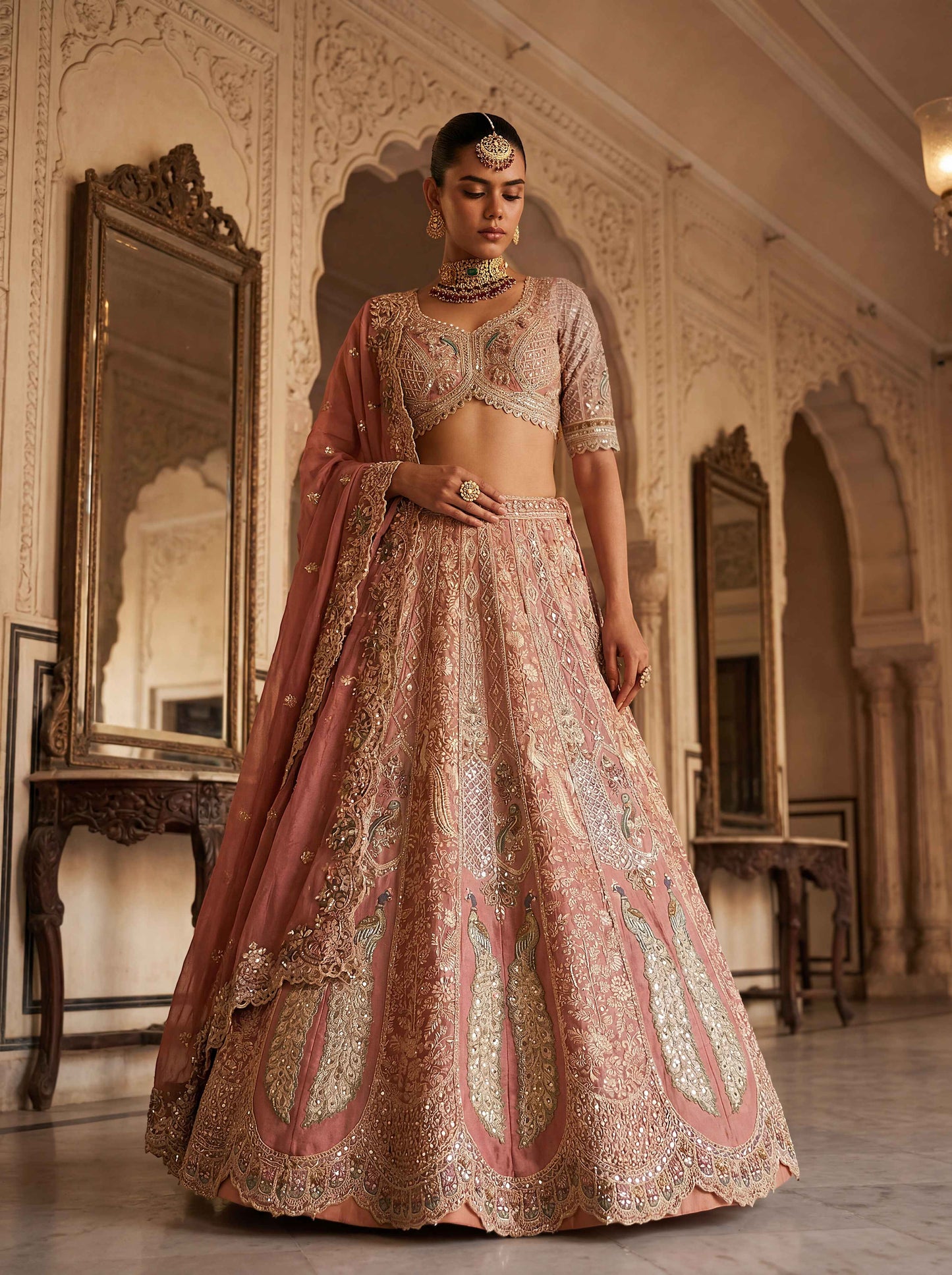 Baby Pink TISSUE HEAVY BEADS WORK Lehenga 1323