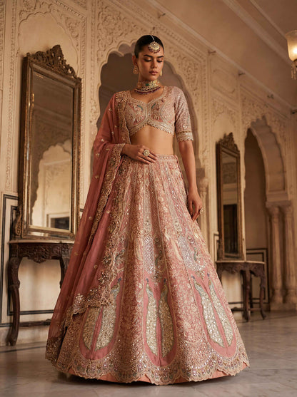 Baby Pink TISSUE HEAVY BEADS WORK Lehenga 1323