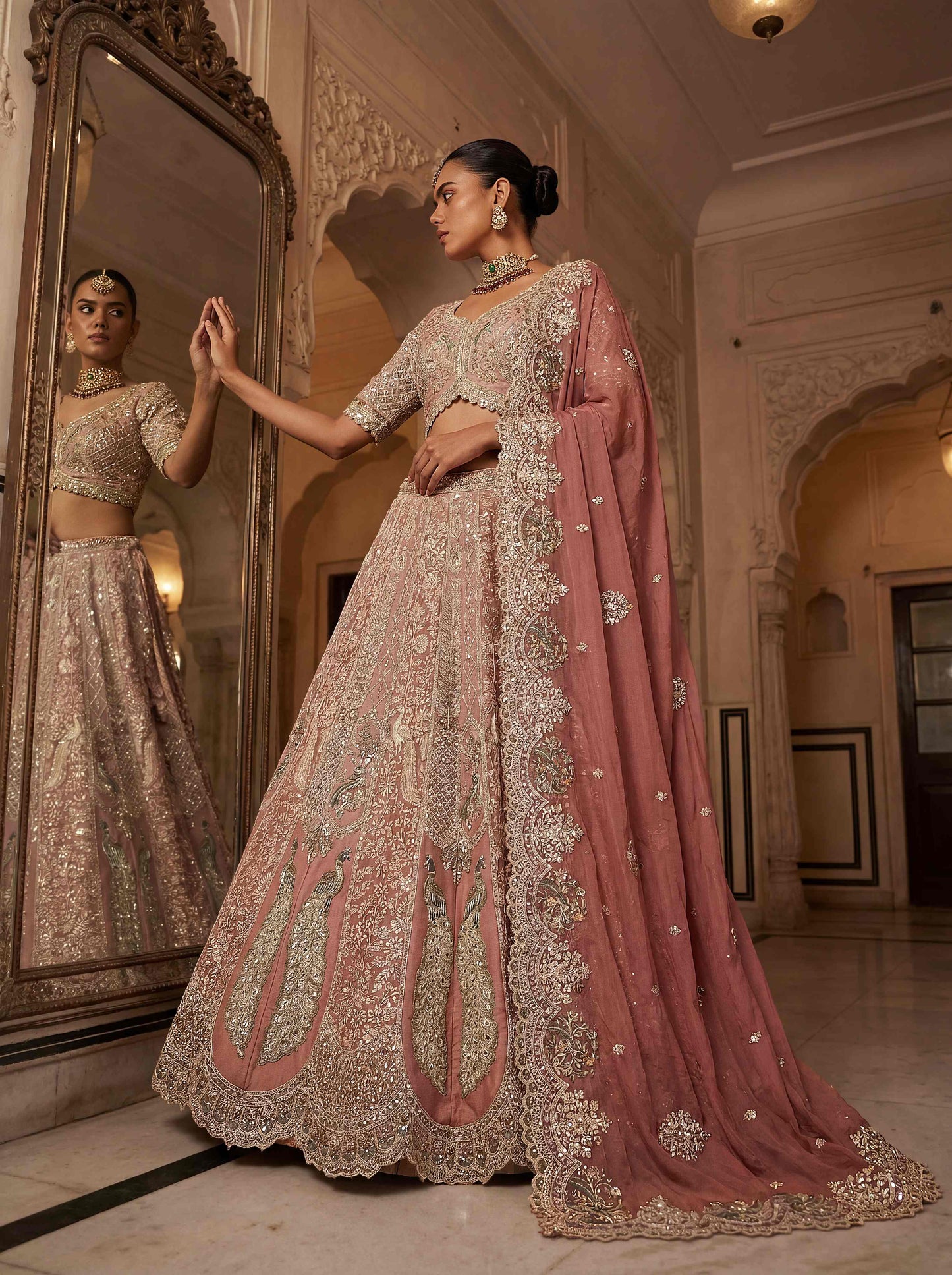 Baby Pink TISSUE HEAVY BEADS WORK Lehenga 1323
