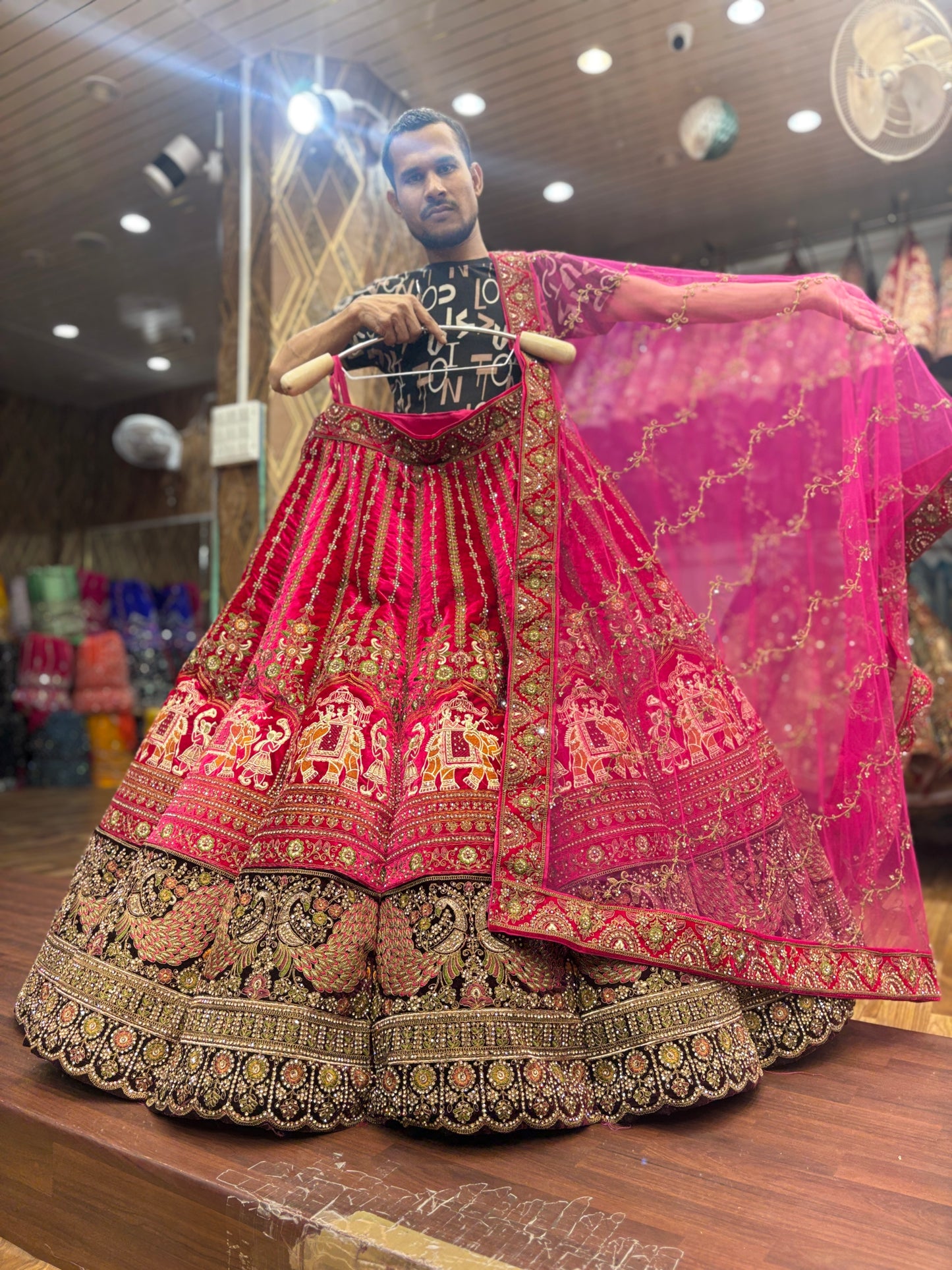 Pleasing Red Rani Pink Doli Barat Ball Bridal Lehenga