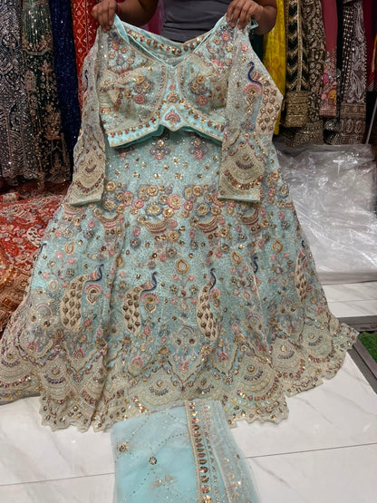 Onion Pink Peacock Crop Top Lehenga