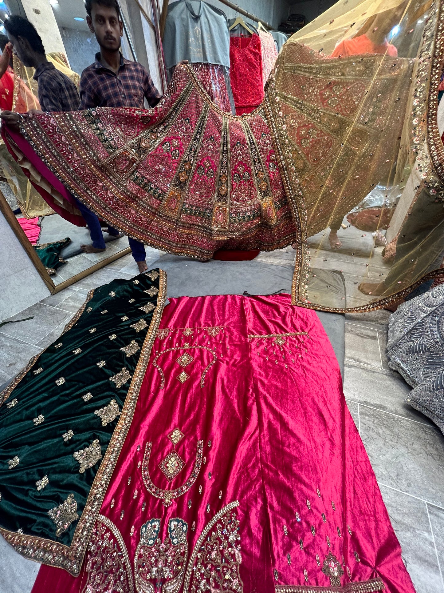 Astonishing pink golden double dupatta bridal Lehenga