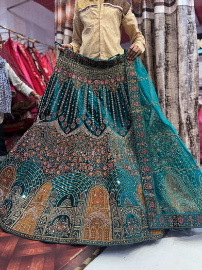 Hermosa lehenga nupcial Jhumka en azul verdoso