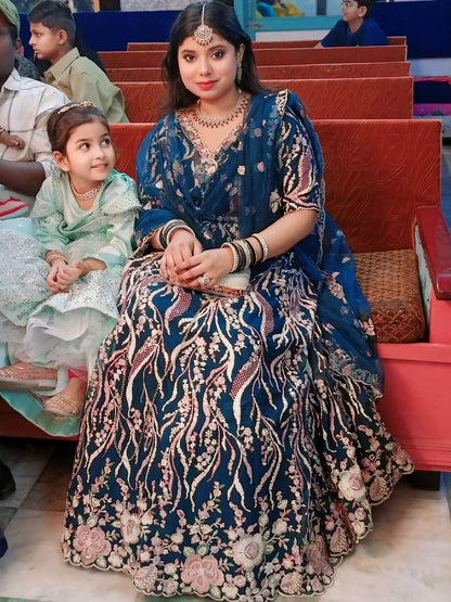 Bright Sequin, Golden-Sliver Threaded Embroidered Georgette sea green white girlish Lehenga