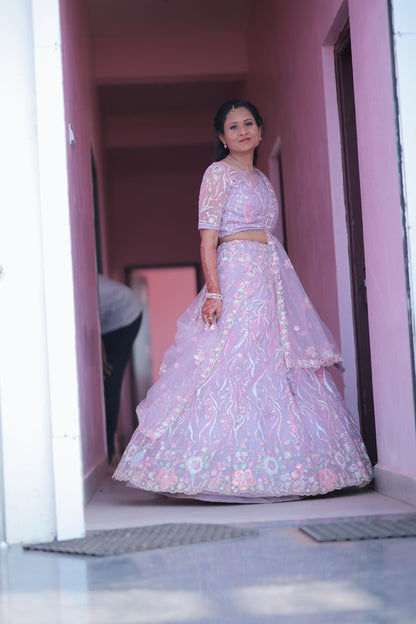 Bright Sequin, Golden-Sliver Threaded Embroidered Georgette sea green white girlish Lehenga