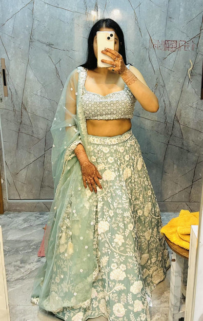 White Color Sequined Chinon Embroidered Semi-Stitched Lehenga choli green Lehenga