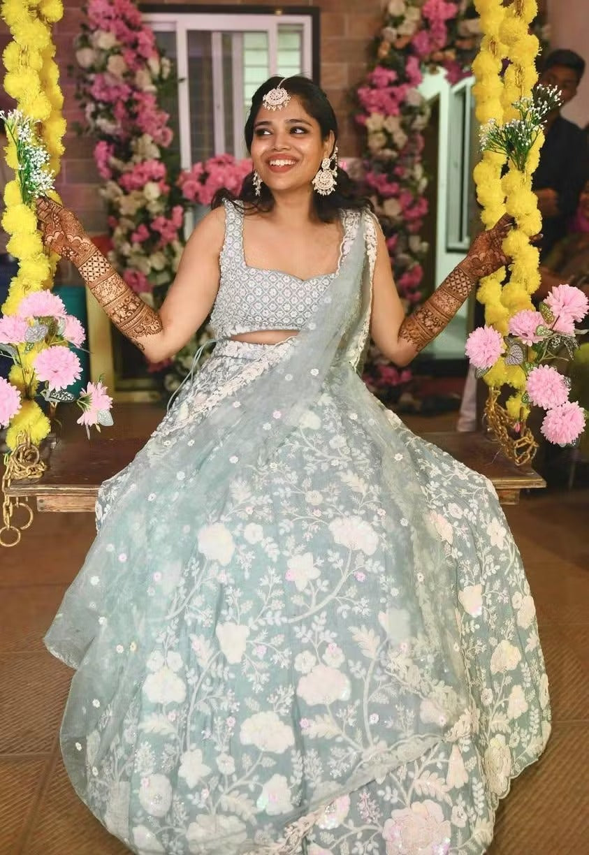 White Color Sequined Chinon Embroidered Semi-Stitched Lehenga choli green Lehenga