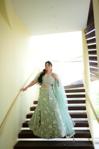 White Color Sequined Chinon Embroidered Semi-Stitched Lehenga choli green Lehenga