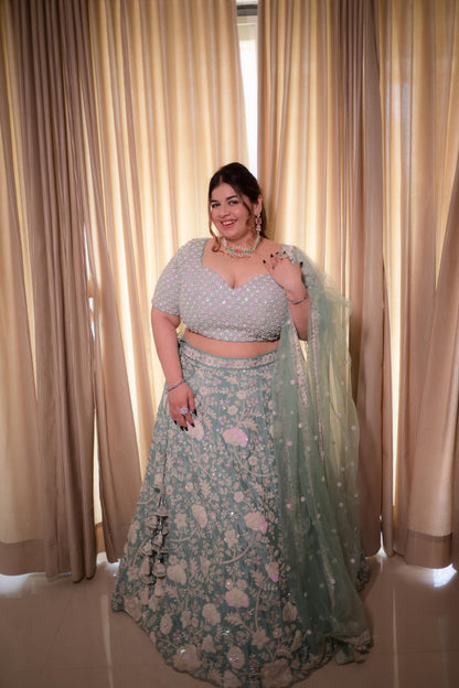 White Color Sequined Chinon Embroidered Semi-Stitched Lehenga choli green Lehenga