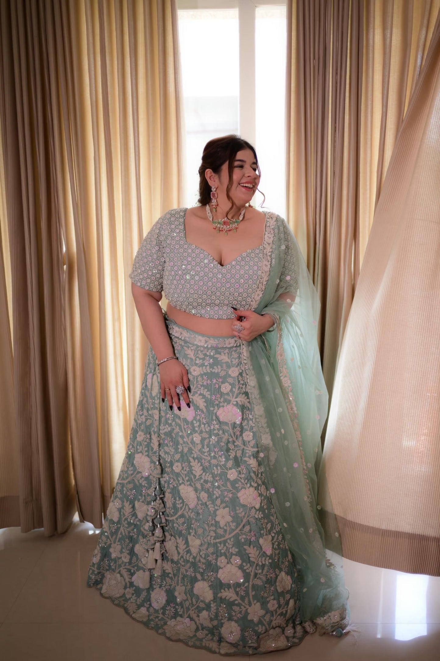 White Color Sequined Chinon Embroidered Semi-Stitched Lehenga choli green Lehenga