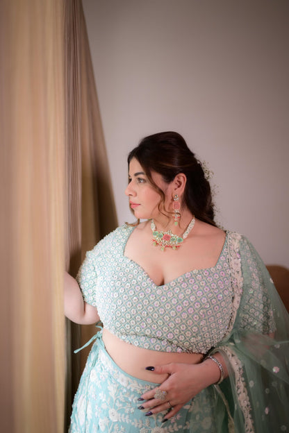 White Color Sequined Chinon Embroidered Semi-Stitched Lehenga choli green Lehenga