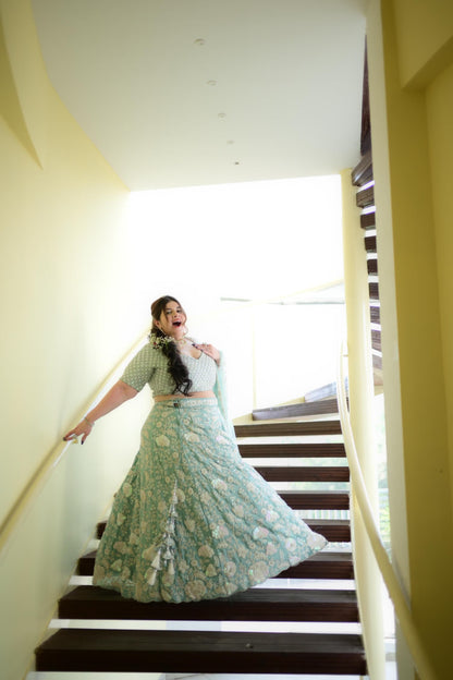 White Color Sequined Chinon Embroidered Semi-Stitched Lehenga choli green Lehenga