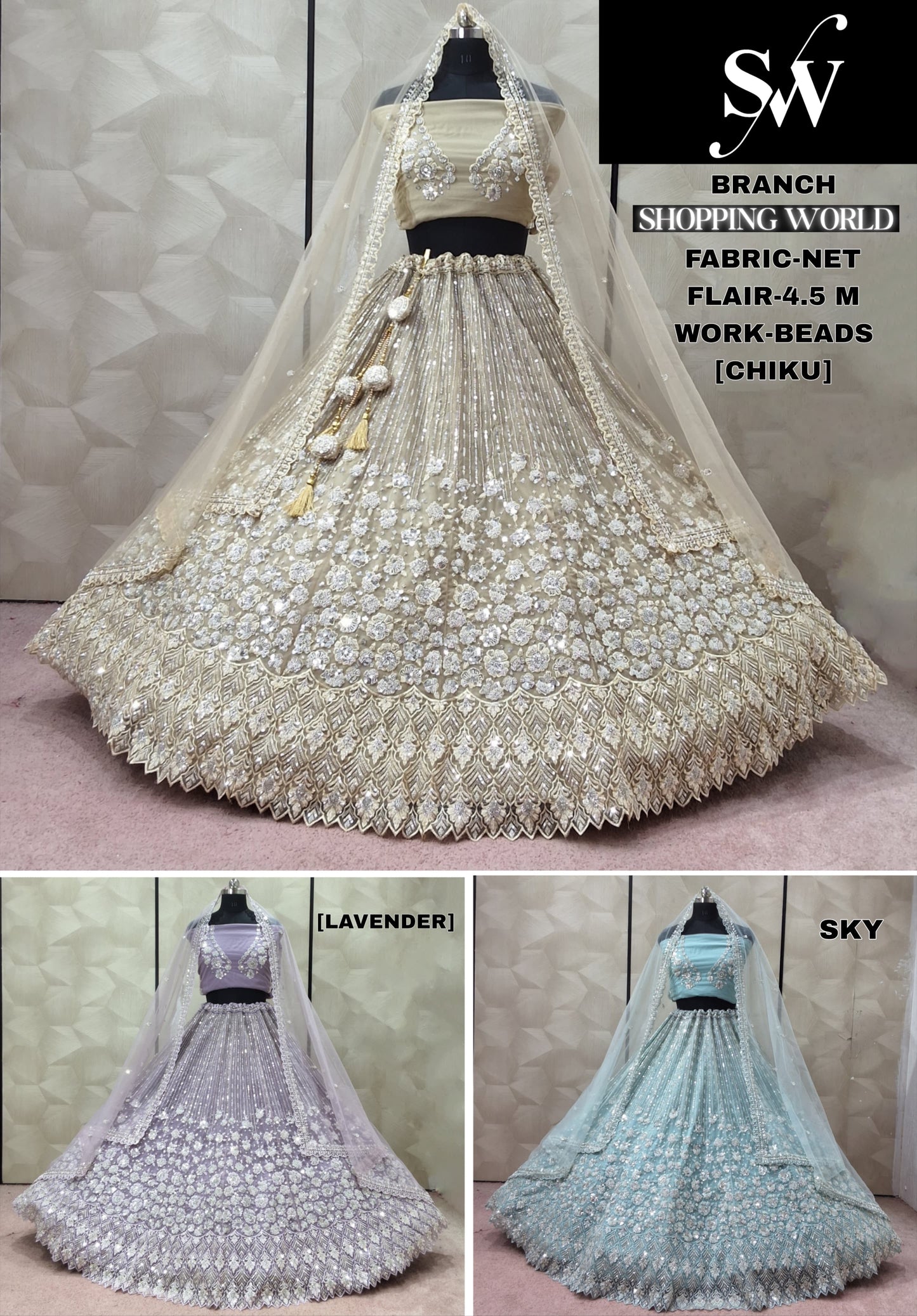Chiku Golden Lavender Sky Blue Net Lehenga