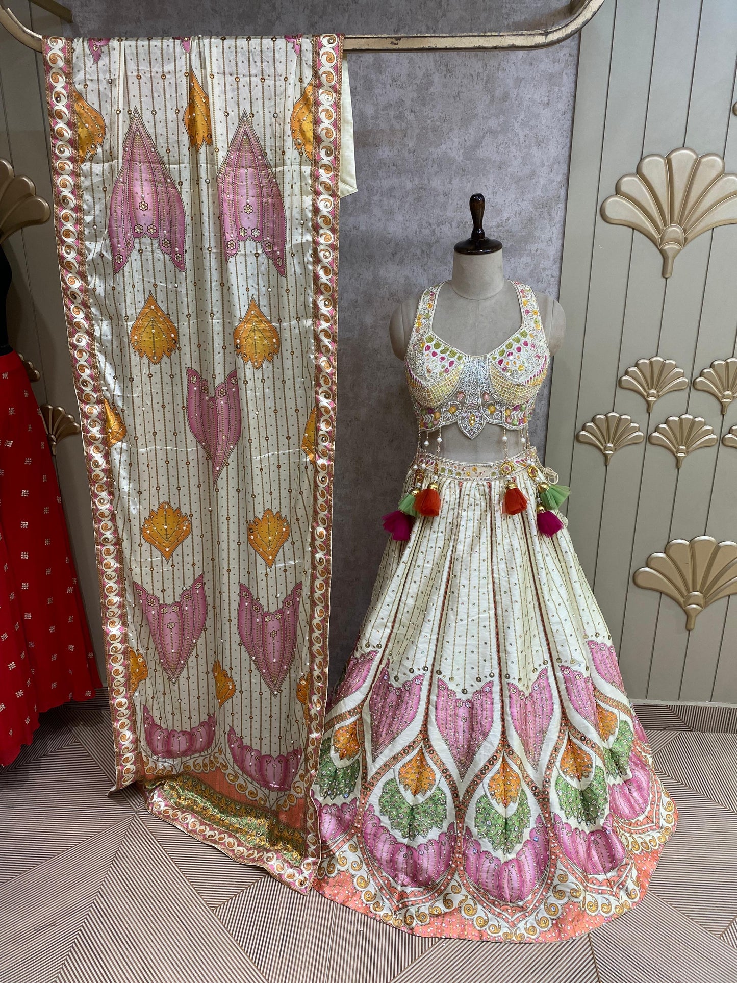 White pink crop top lehenga