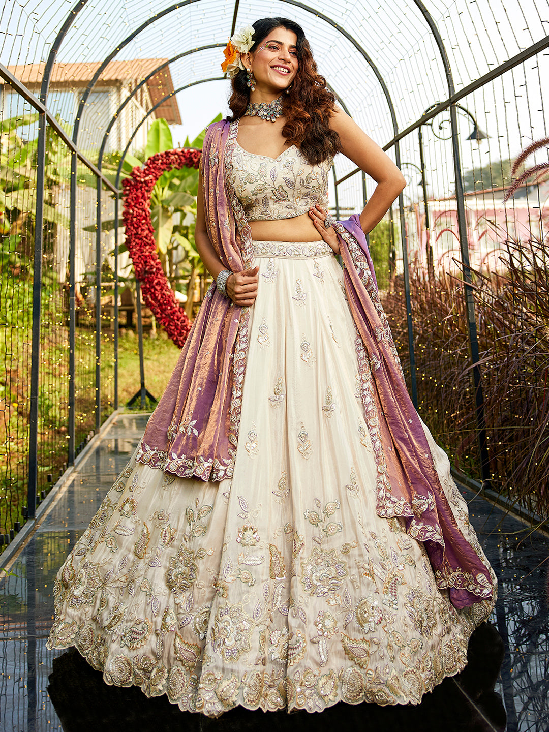 Pleasing cream pink lehenga