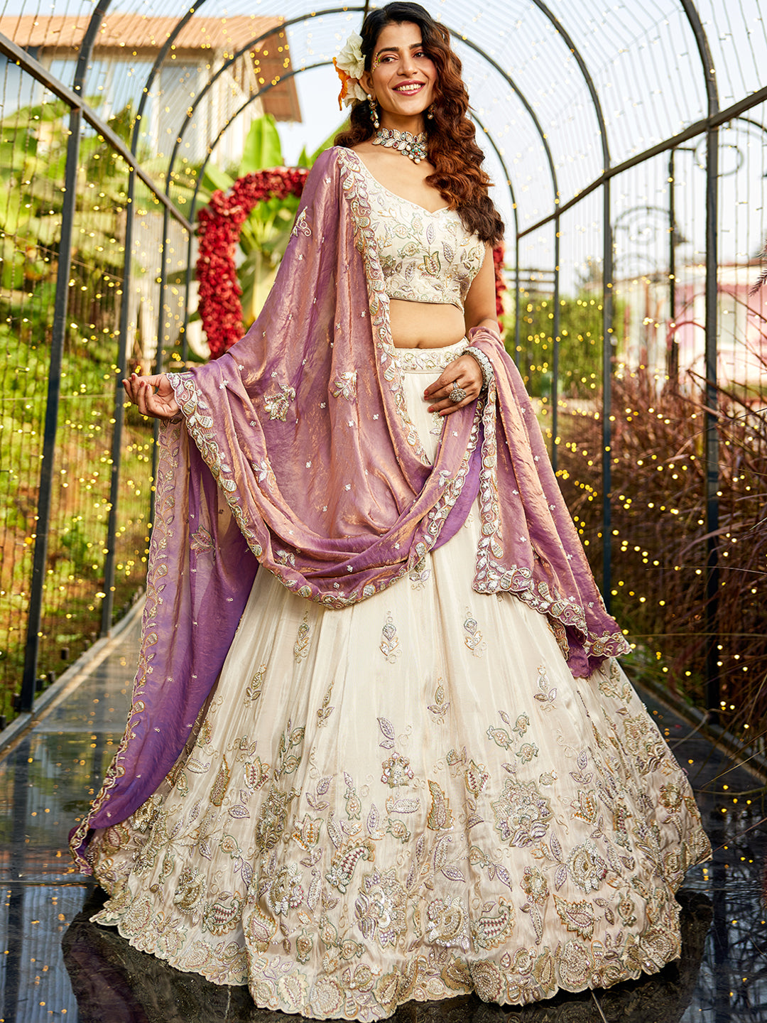 Pleasing cream pink lehenga