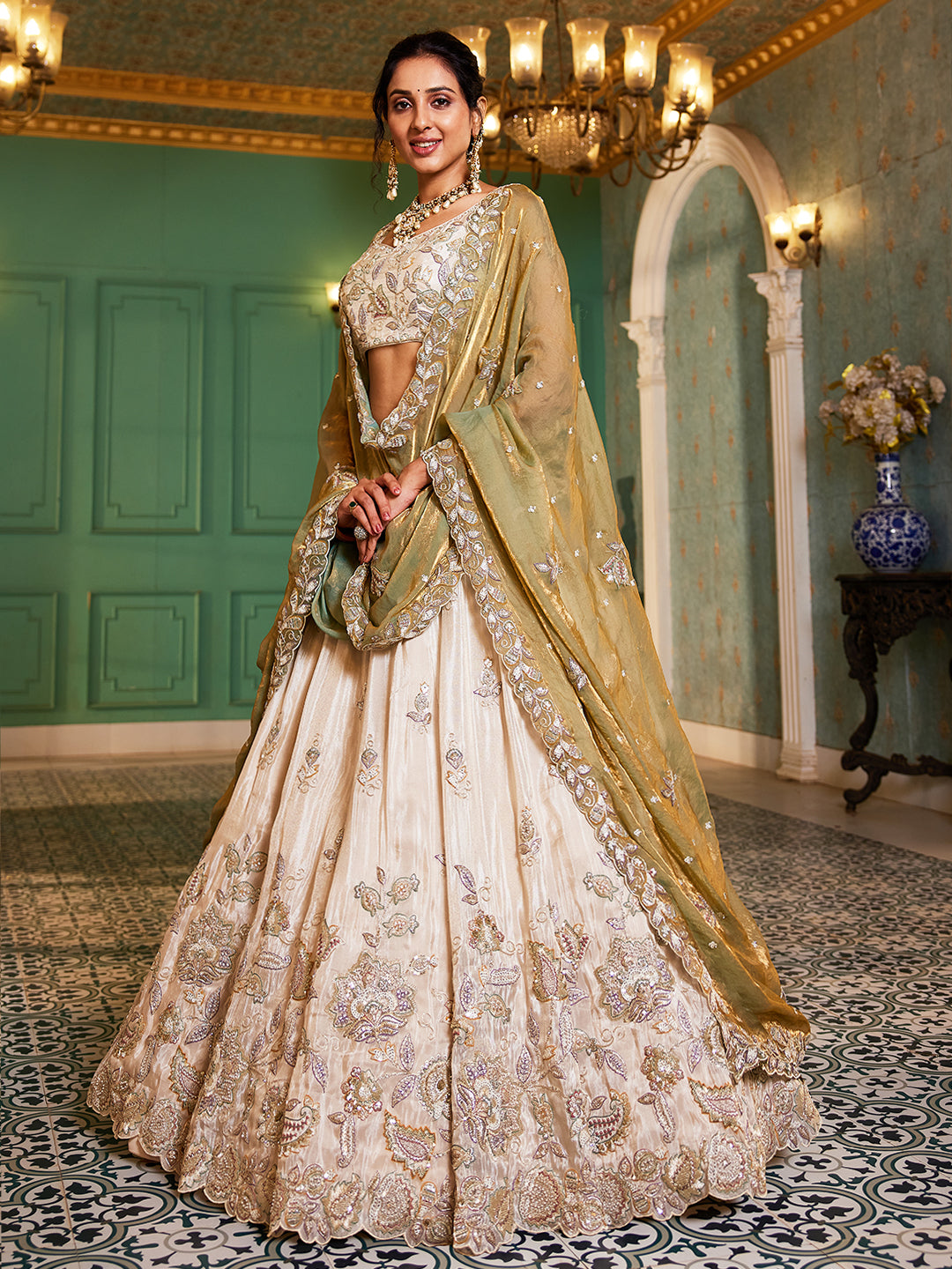 Tremendous Off White Golden Lehenga Tremendous Off White Golden Lehenga