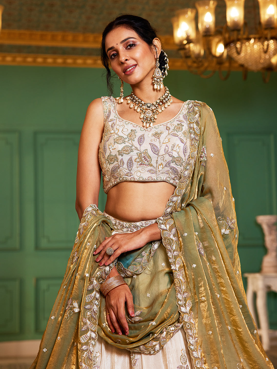 Tremendous off white golden lehenga
