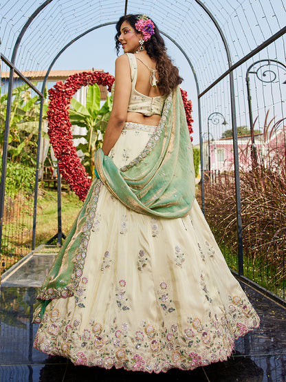 Awesome off white pista green lehenga