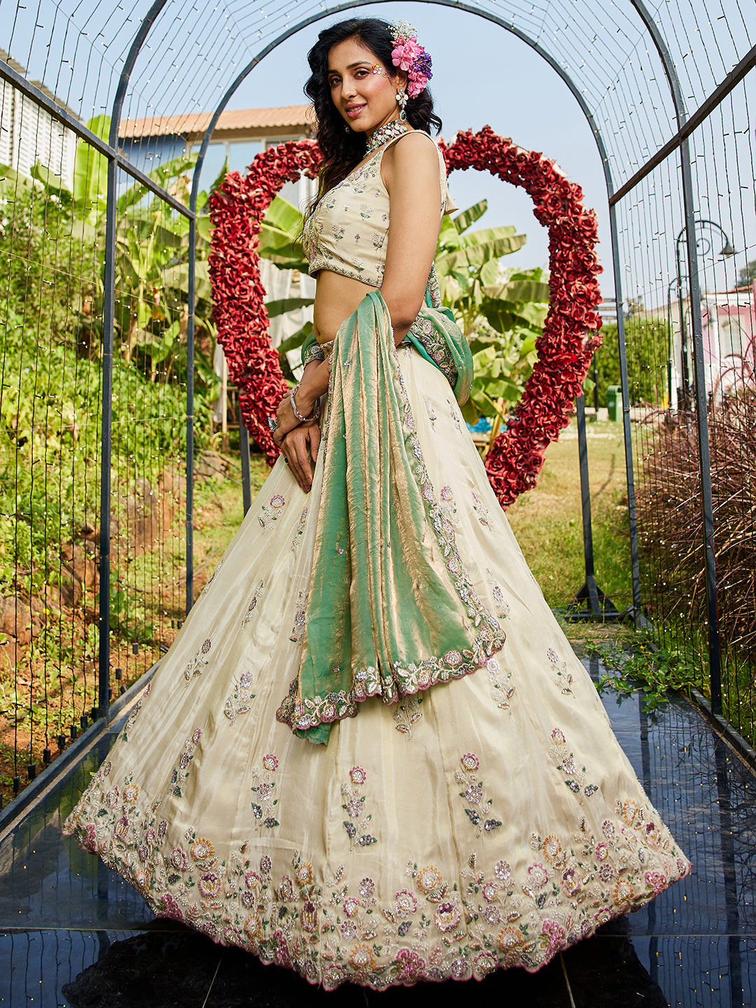 Awesome off white pista green lehenga