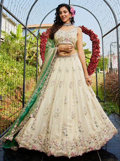 Awesome off white pista green lehenga