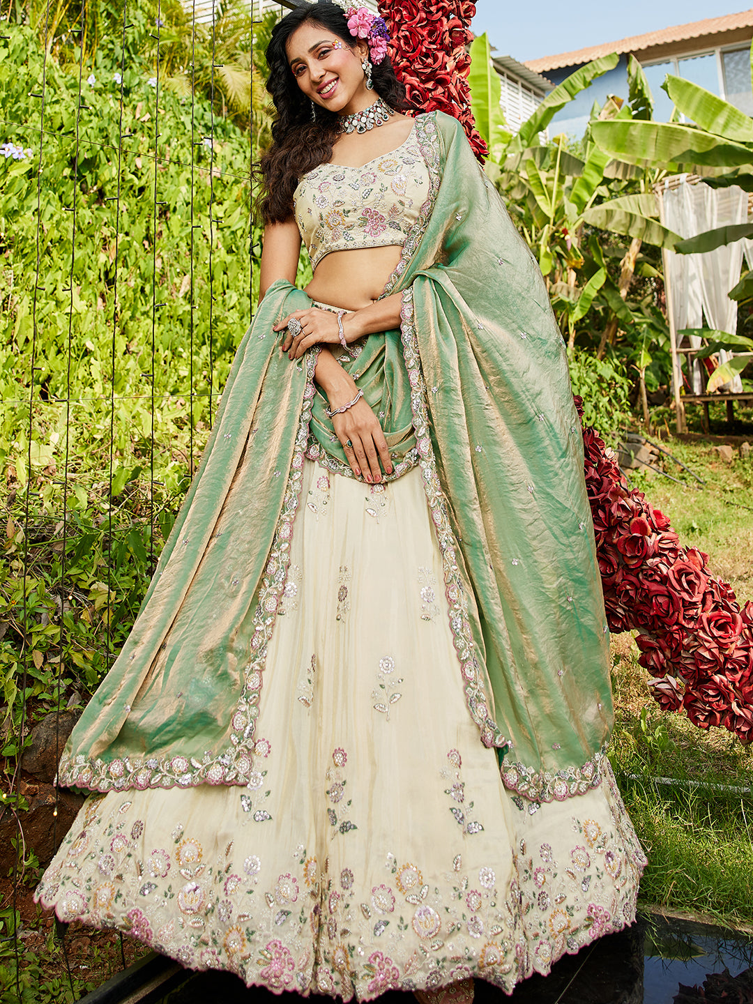 Awesome off white pista green lehenga