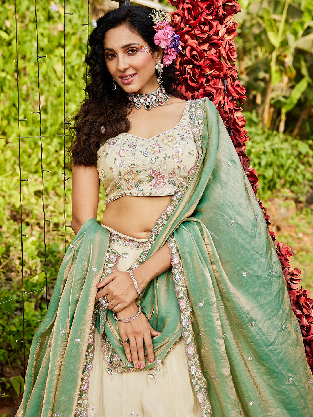 Awesome off white pista green lehenga