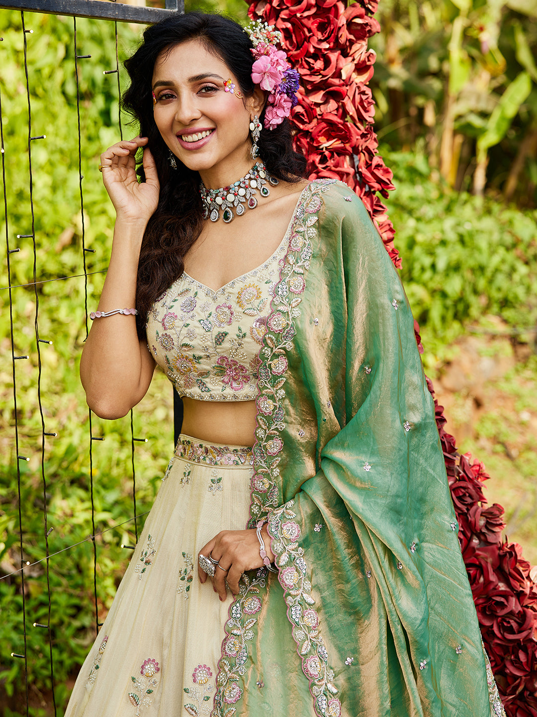 Awesome off white pista green lehenga