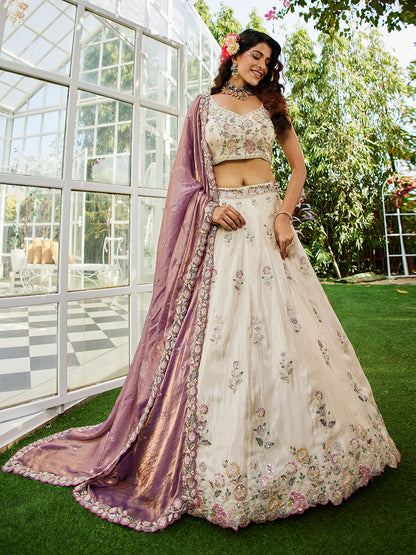 Amazing white lehenga Tissue Fabric Sequins thread embroidery