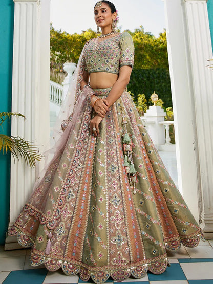 PDP Satén Lentejuelas bordado Semi-Cosido Lavanda mutli color Mehendi Verde Lehenga choli