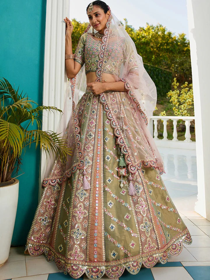 PDP Satén Lentejuelas bordado Semi-Cosido Lavanda mutli color Mehendi Verde Lehenga choli