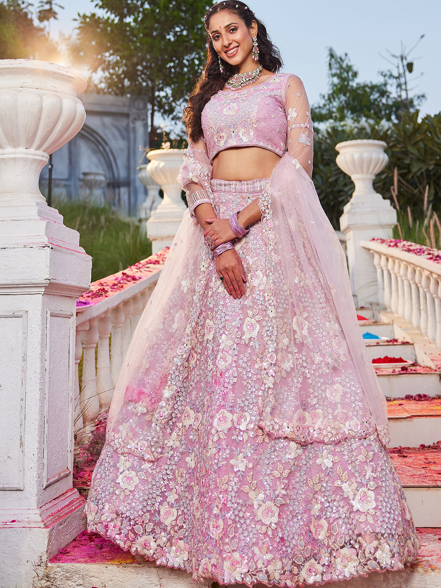 Pink Multi-Color Sequins Work Heavy Floral Embroidered Zarkan Mirror Lehenga
