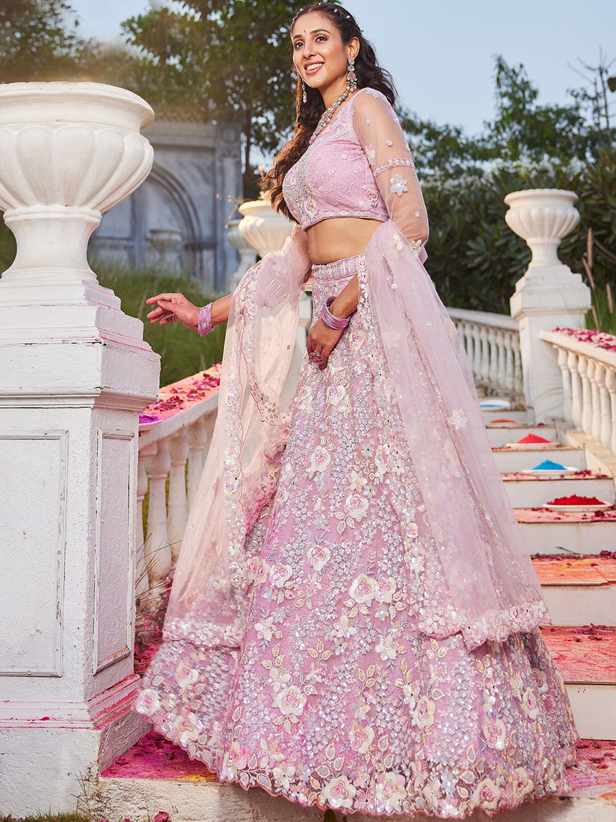 Pink Multi-Color Sequins Work Heavy Floral Embroidered Zarkan Mirror Lehenga