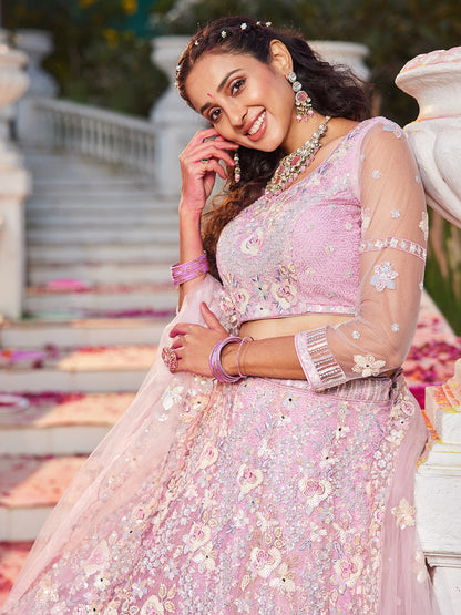 Pink Multi-Color Sequins Work Heavy Floral Embroidered Zarkan Mirror Lehenga