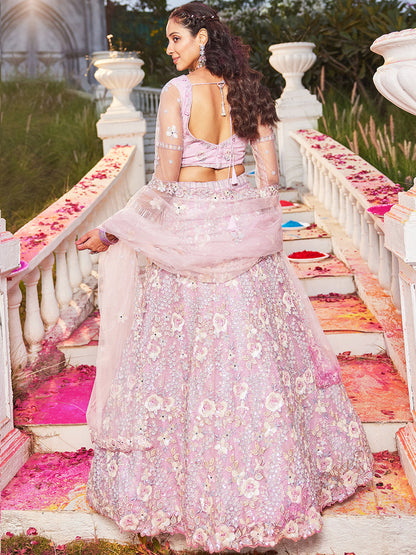 Pink Multi-Color Sequins Work Heavy Floral Embroidered Zarkan Mirror Lehenga