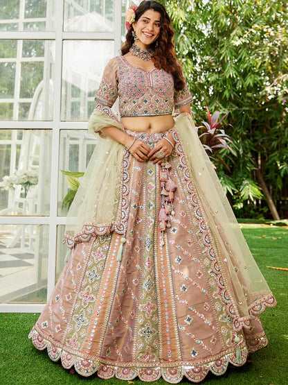 PDP Satén Lentejuelas bordado Semi-Cosido Lavanda mutli color Mehendi Verde Lehenga choli