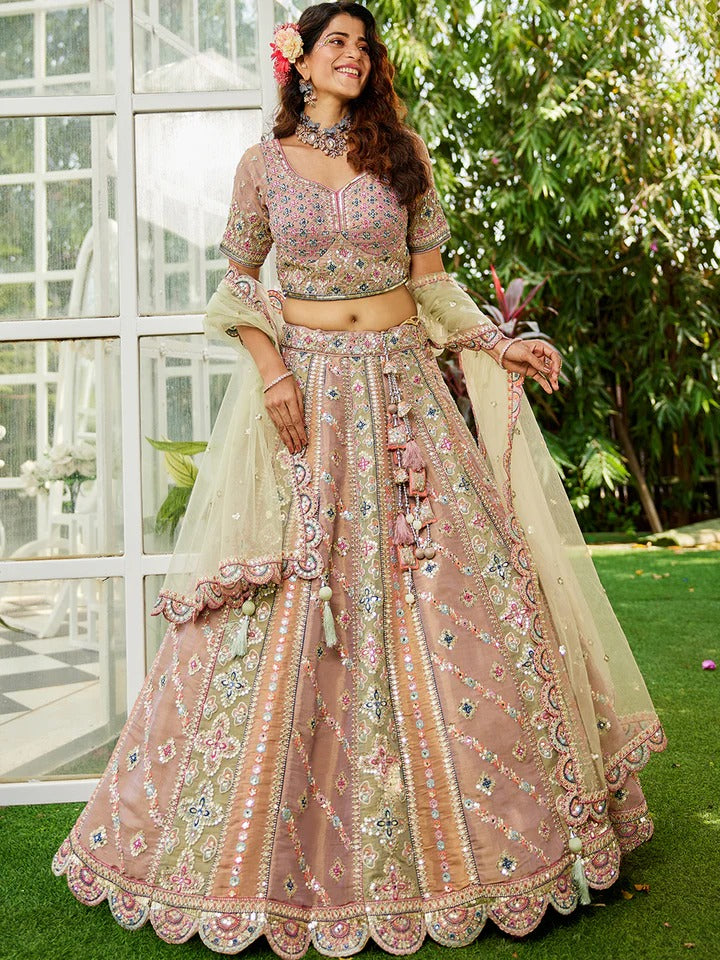 PDP Satén Lentejuelas bordado Semi-Cosido Lavanda mutli color Mehendi Verde Lehenga choli