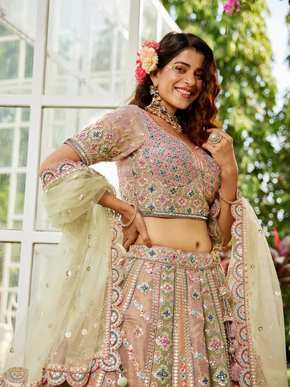 PDP Satén Lentejuelas bordado Semi-Cosido Lavanda mutli color Mehendi Verde Lehenga choli