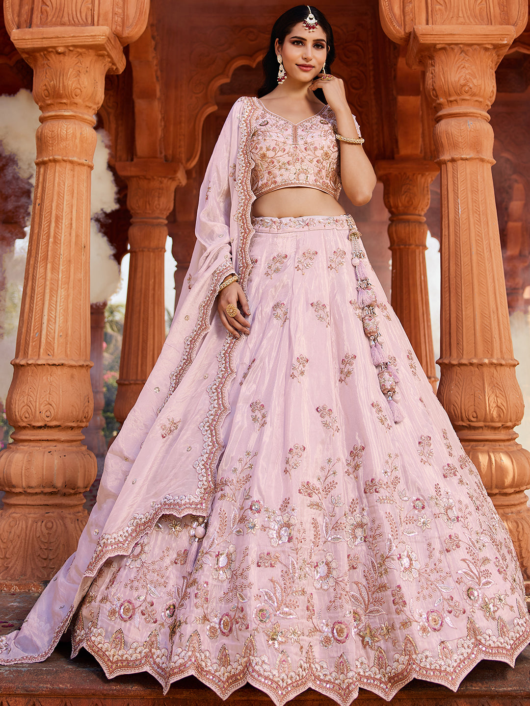 Gorgeous coral pink Tissue Fabric Sequins embroiderylehenga