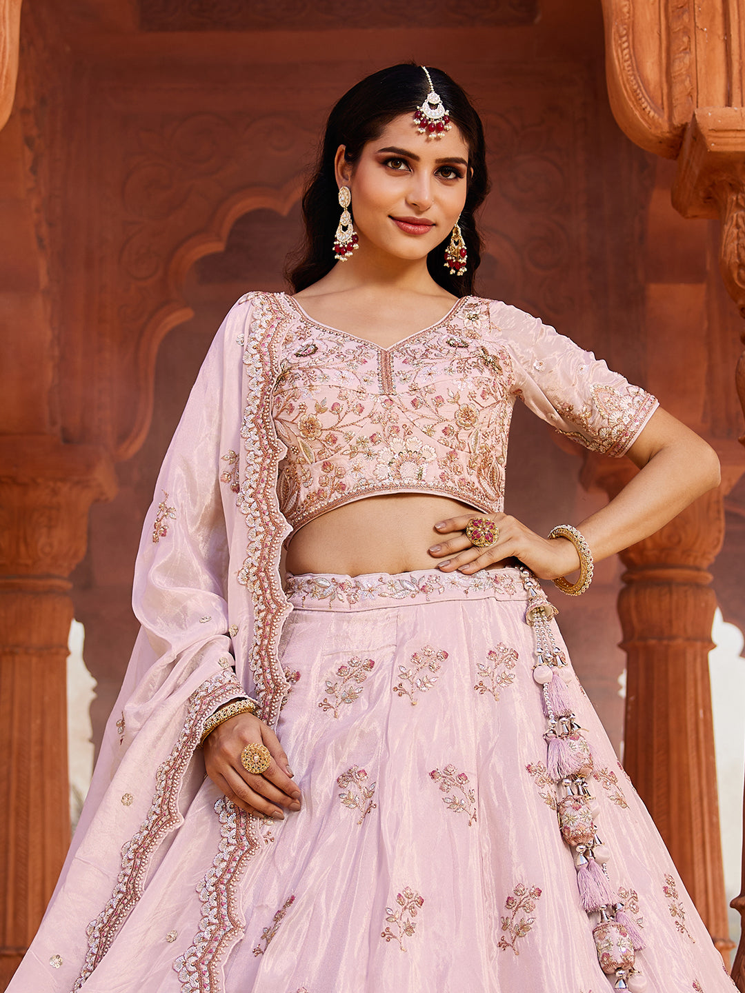 Gorgeous coral pink Tissue Fabric Sequins embroiderylehenga