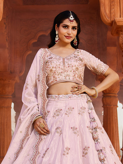 Gorgeous coral pink Tissue Fabric Sequins embroiderylehenga