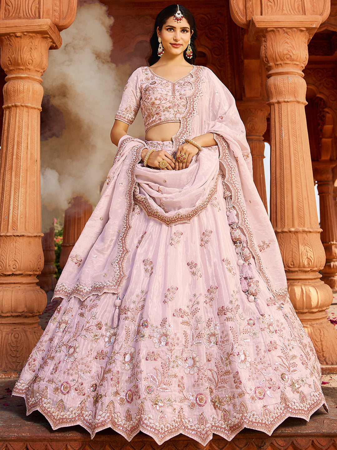 Gorgeous coral pink Tissue Fabric Sequins embroiderylehenga