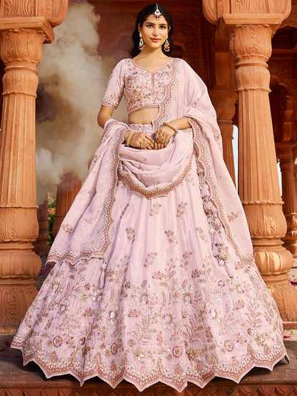 Gorgeous coral pink Tissue Fabric Sequins embroiderylehenga