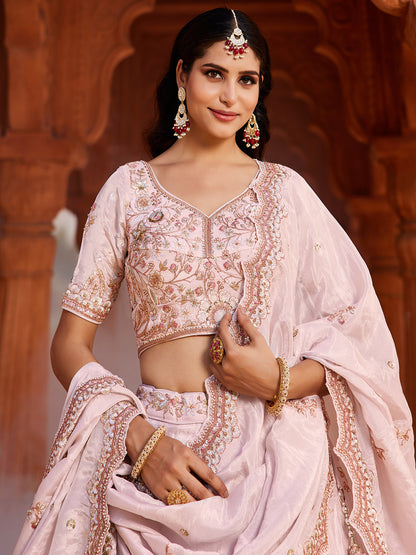 Gorgeous coral pink Tissue Fabric Sequins embroiderylehenga