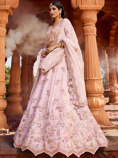 Gorgeous coral pink Tissue Fabric Sequins embroiderylehenga